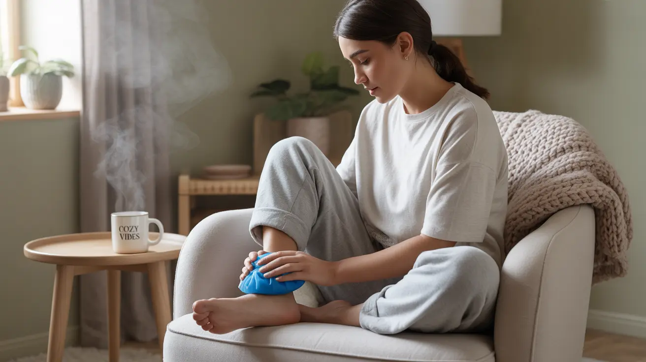 Person applying an ice pack to their foot in a soothing home setting with soft lighting