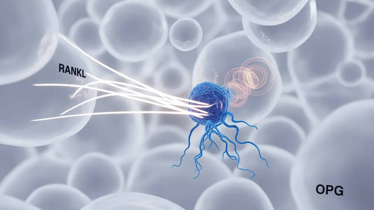 Illustration of immune cells impacting bone density with cytokines and signaling paths in a clinical setting, labeled in white and blue