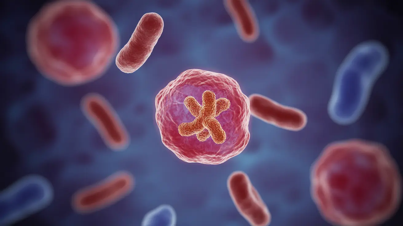 Detailed illustration showing various immune system cells like neutrophils, lymphocytes, macrophages, and natural killer cells engaging with pathogens, with vibrant colors and abstract human body representation.