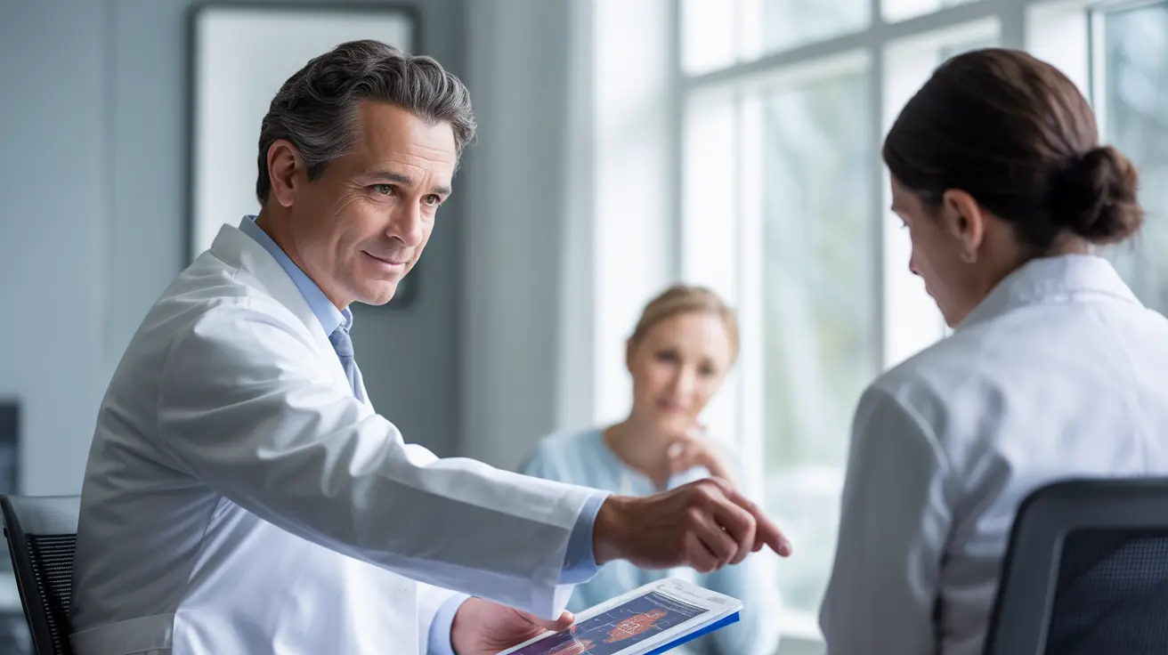 Detailed illustration of an immunologist and a rheumatologist in a clinical office, discussing allergies and joint health with a patient.