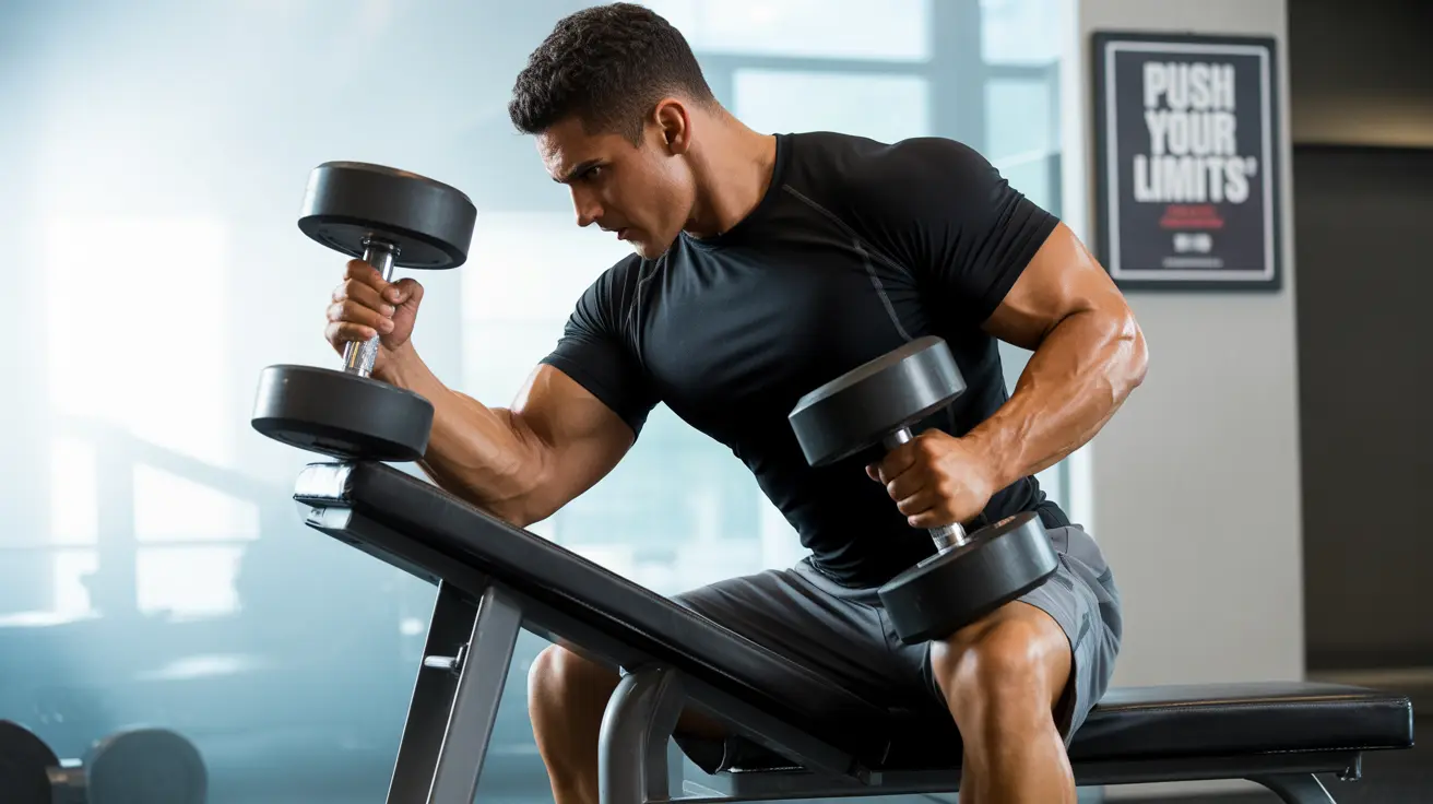 Person doing incline dumbbell curl on bench at 45-degree angle with supinated grip in gym, highlighting muscle definition