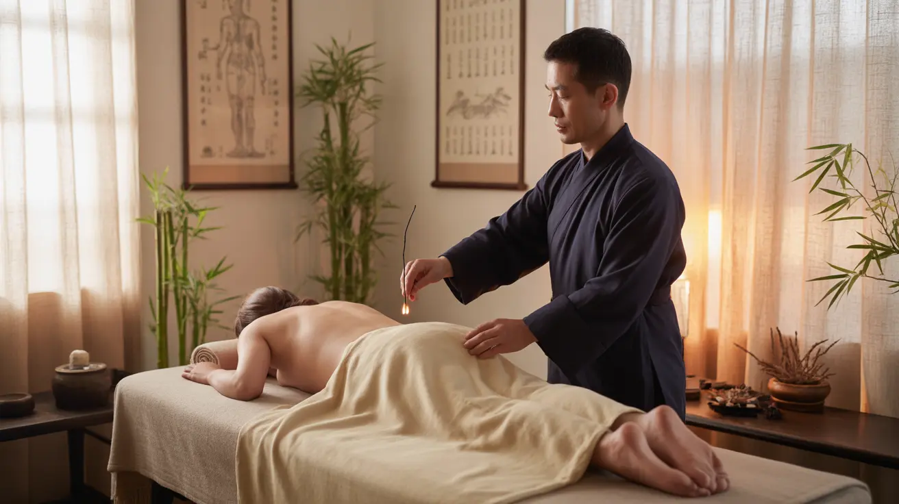Practitioner holding a burning moxa stick near patient's skin in a traditional medicine room with calming decor