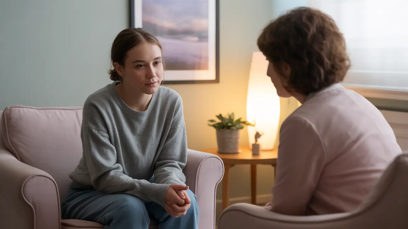 Individual with moderate symptoms of alogia engaged in a conversation with a supportive therapist in a comfortable therapy room