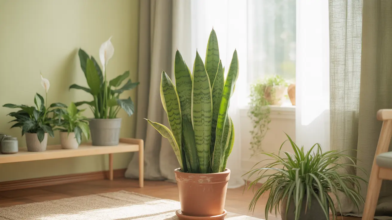 Medium shot of a bright living room filled with various indoor plants like snake plants, peace lilies, and spider plants, with soft natural daylight filtering through the windows.