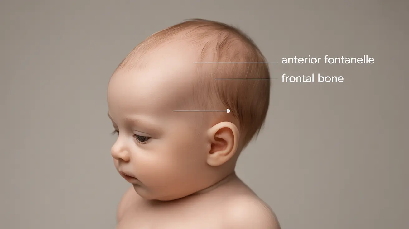 Detailed illustration of infant's head showing anterior fontanelle with labelled soft spot and skull bones, educational style
