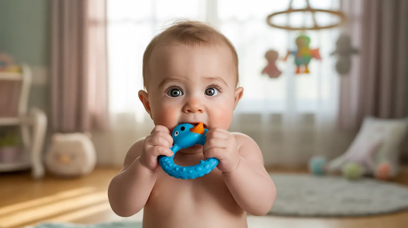 An infant chewing on a teething ring in a cozy nursery with soft pastel colors, showing mild discomfort and curiosity