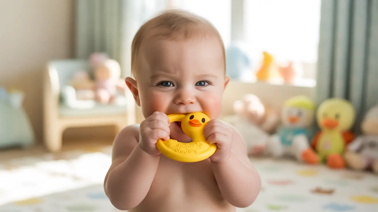 Close-up of an infant chewing on a soft teething ring, showing mild fussiness, in a tidy nursery with blurred toys in the background