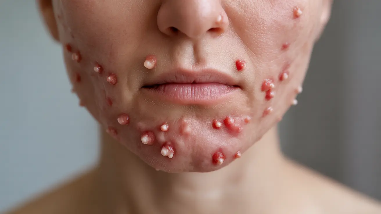 Detailed illustration of inflamed hair follicles in the skin, showcasing small red bumps and white-headed pimples around hair follicles in a clean clinical environment.
