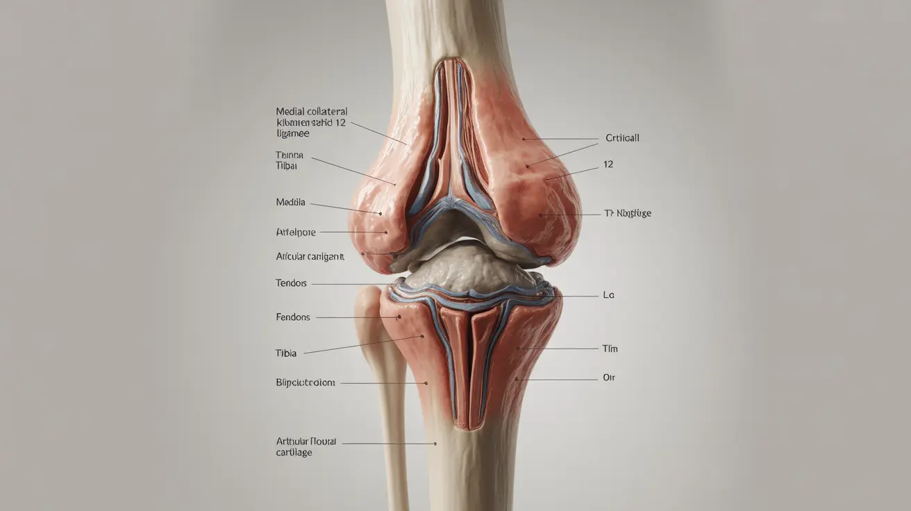 Detailed illustration of an inflamed knee joint with annotations explaining cartilage, ligaments, and tendons on a neutral background
