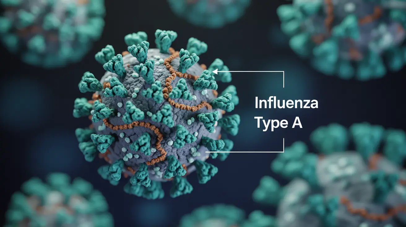 Detailed illustration of Influenza Type A virus structure with labeled outer shell proteins and genetic material, set against a scientific background