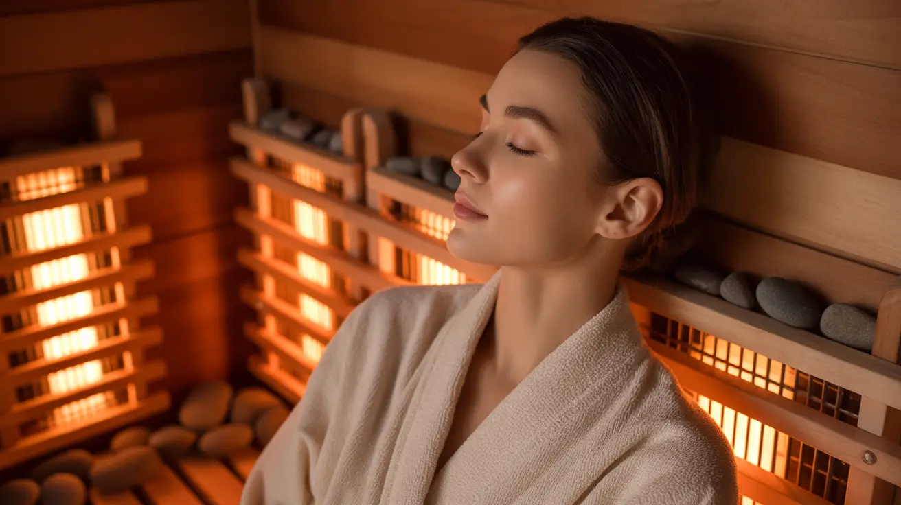 Person with a calm expression relaxing inside an infrared sauna, warm and inviting atmosphere with soft lighting