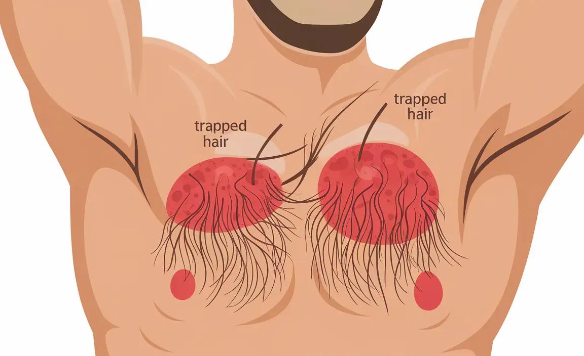 Illustration of an armpit with ingrown hair showing trapped hair under skin with red bumps, labeled symptoms.