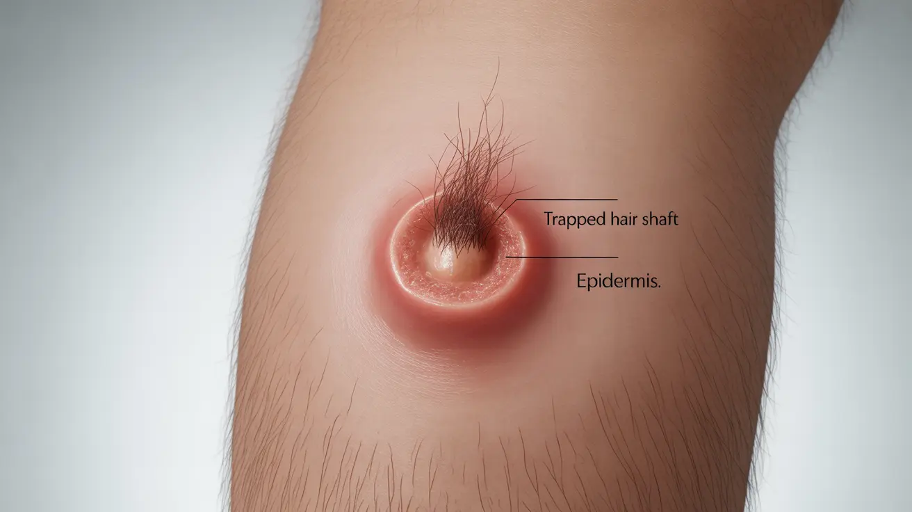 Illustration showing an ingrown hair on a penis, with cutaway view of skin layers and clinical labeling of trapped hair shaft