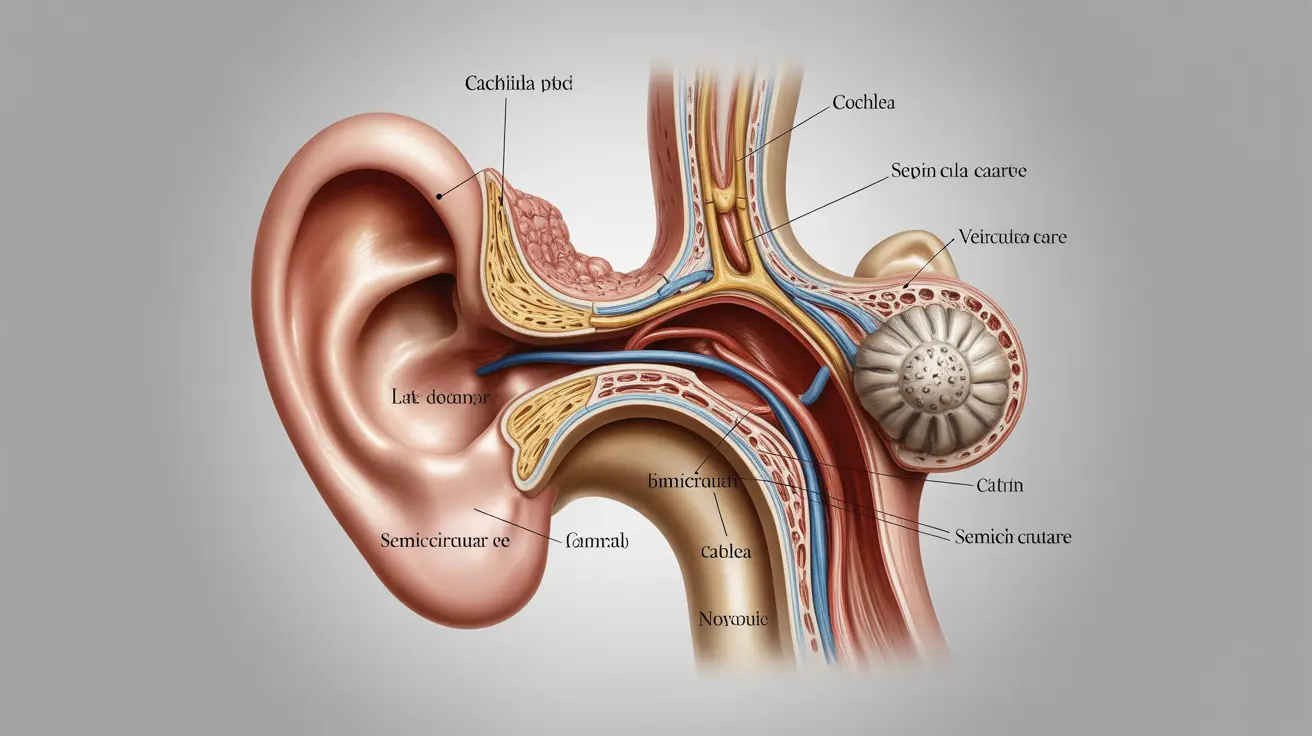 Detailed illustration of human inner ear focusing on vestibular system, labeled parts like cochlea and semicircular canals against neutral background