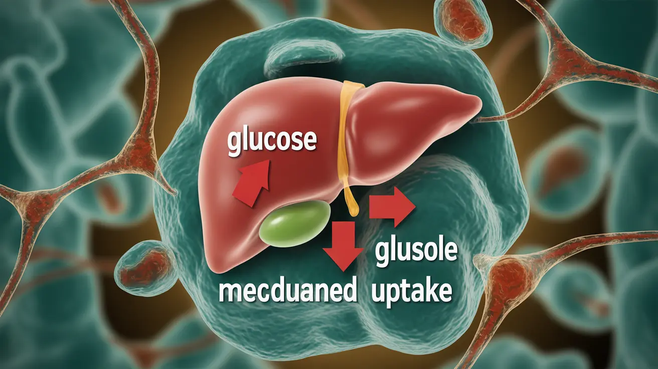 Illustration of insulin resistance mechanism due to steroids, showing increased glucose production in liver and reduced uptake in muscles with a cellular background