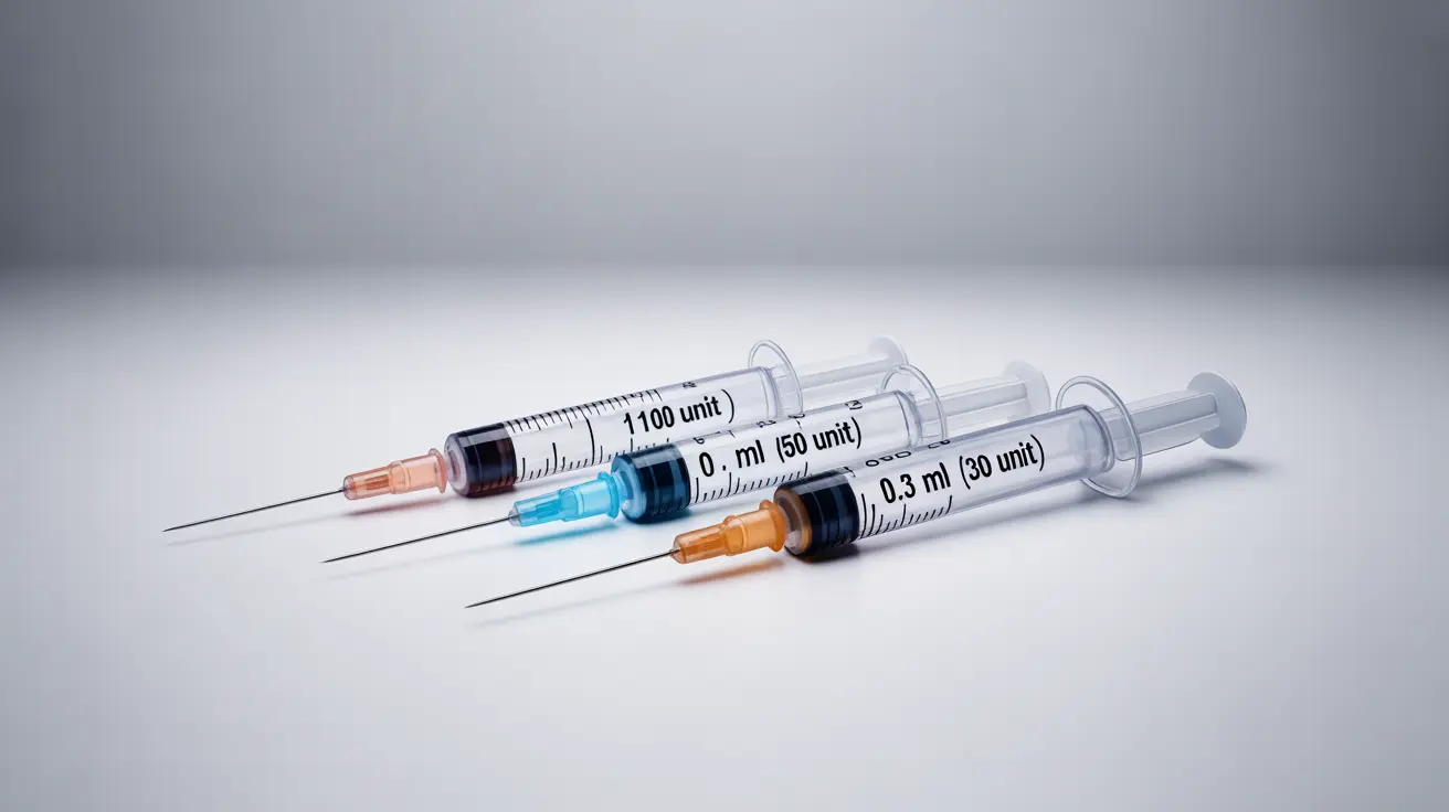 Illustration of insulin syringes with sizes 1 mL, 0.5 mL, and 0.3 mL, showing measurement markings on a studio backdrop
