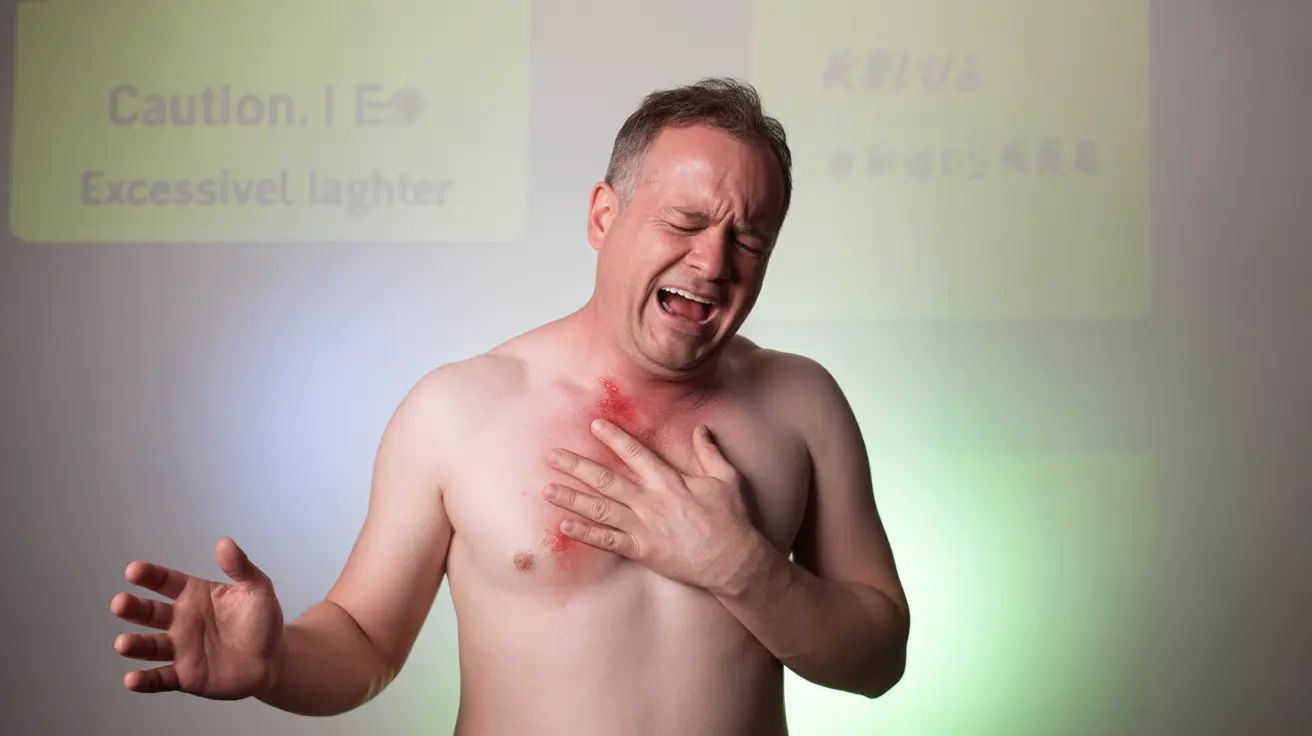 Illustration of a person experiencing intense laughter, displaying medical distress signs like clutching chest, appearing dizzy, highlighting physiological responses.