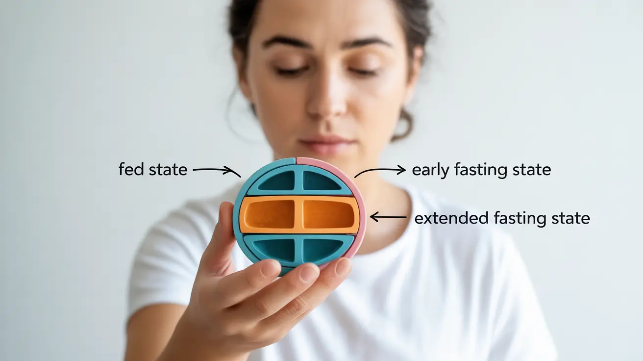 Detailed illustration showing transition through metabolic states during intermittent fasting, labeled 'Fed state', 'Early fasting state', and 'Extended fasting state' with a neutral clinical background.