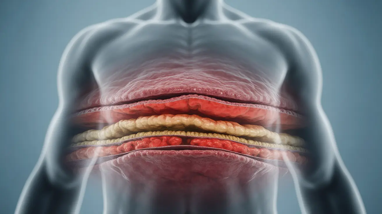 Detailed illustration, showing inflammation in layers of the intestinal wall, abstract background representing the human body