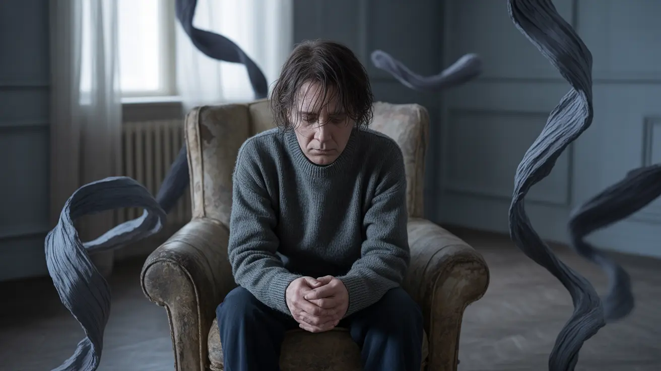 Illustration of a person with a distressed expression, surrounded by abstract shapes representing intrusive thoughts and anxiety.