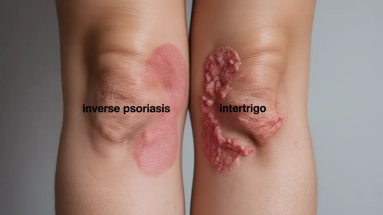 Detailed illustration showing skin folds with distinct inverse psoriasis and intertrigo, highlighting smooth red patches for psoriasis and raw rash for intertrigo.