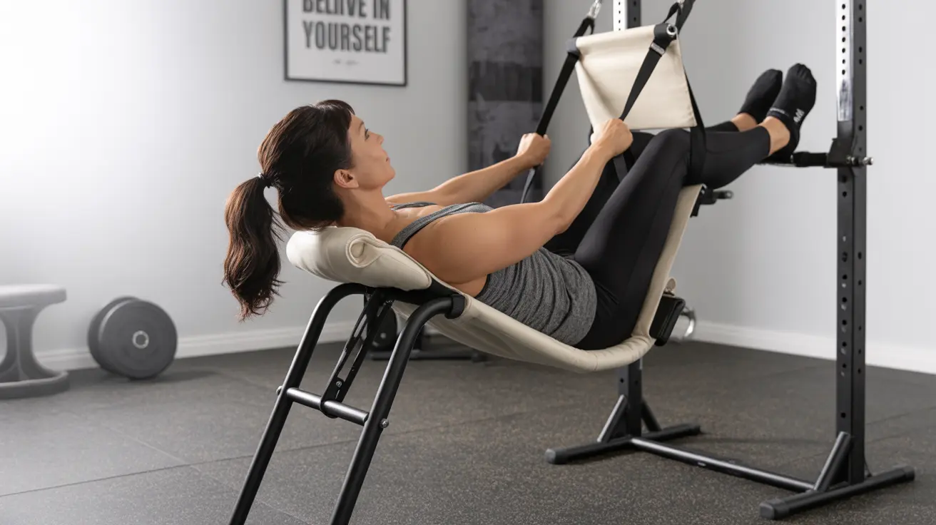 Person using an inversion table at 15-20 degree angle with visible ankle supports in a bright setting
