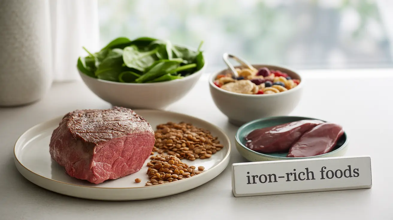 Detailed illustration of a kitchen countertop displaying a variety of iron-rich foods including lean beef, organ meats, lentils, spinach, and fortified cereals, with bright natural light illuminating the ingredients.