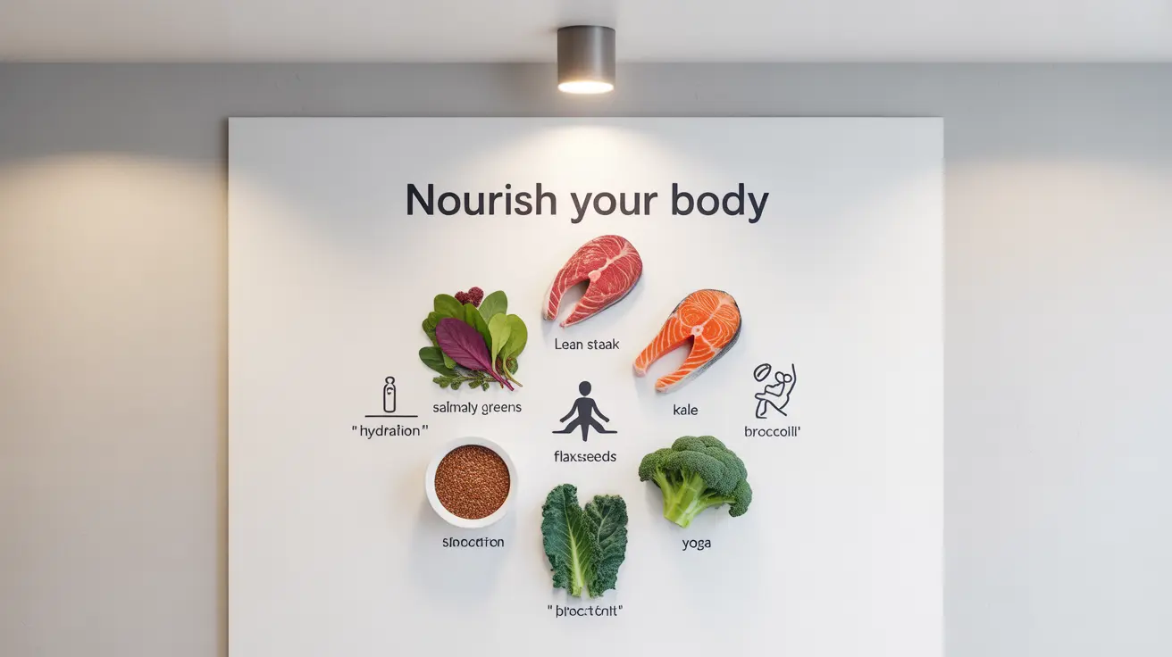 Infographic showing iron-rich foods like leafy greens and lean meats, omega-3 sources such as fish and flaxseeds, vitamin-rich vegetables like kale and broccoli, symbols for hydration and activities like yoga and walking