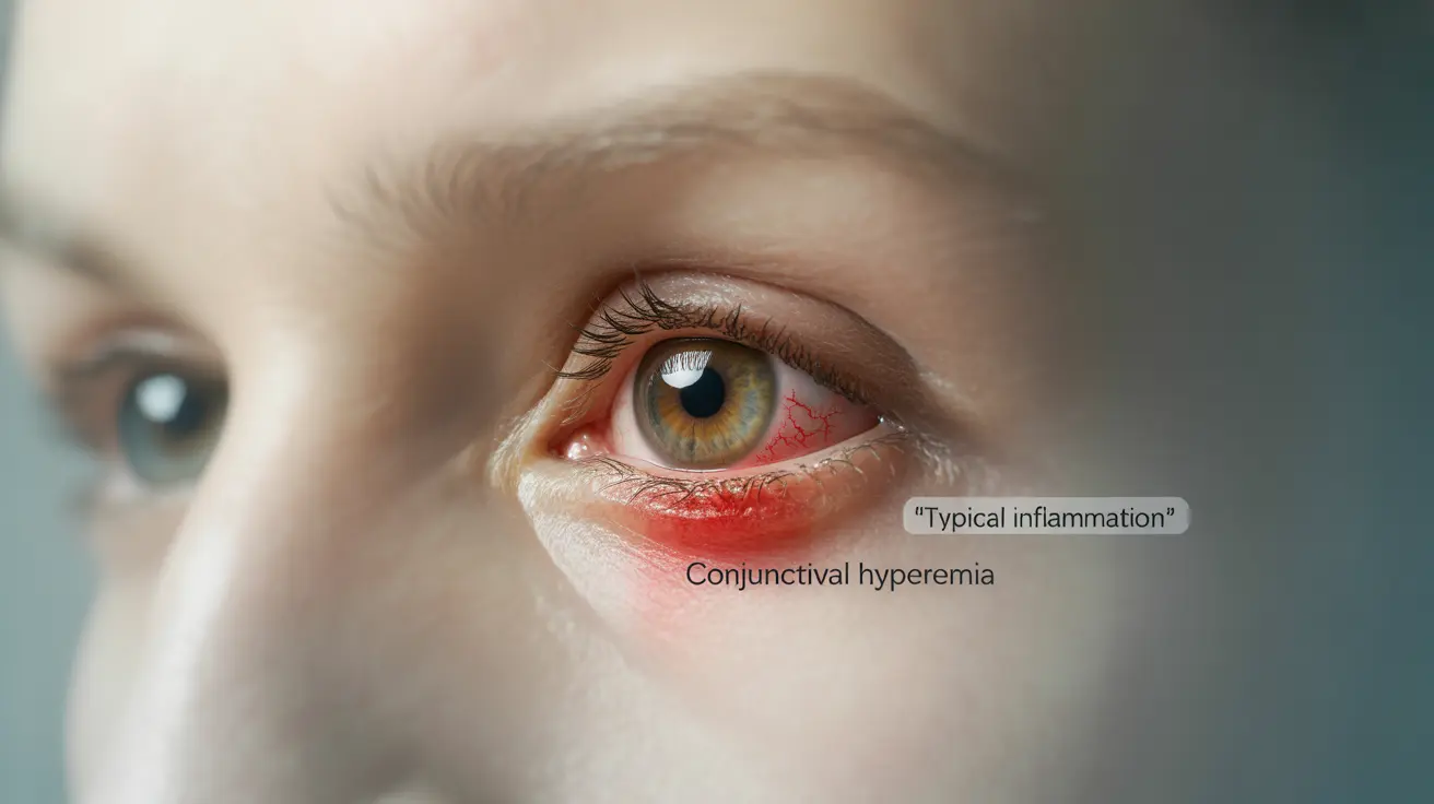 Detailed illustration of an eye focusing on itchy, inflamed corner with clinical annotations highlighting redness and swelling.