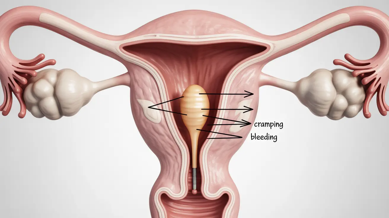 Detailed illustration of an intrauterine device (IUD) positioned in the uterus, with indicators of displacement and symptoms like cramping or bleeding.