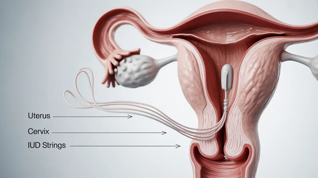 Illustration of an IUD with strings in female anatomy, showing string softening and curling process over time.