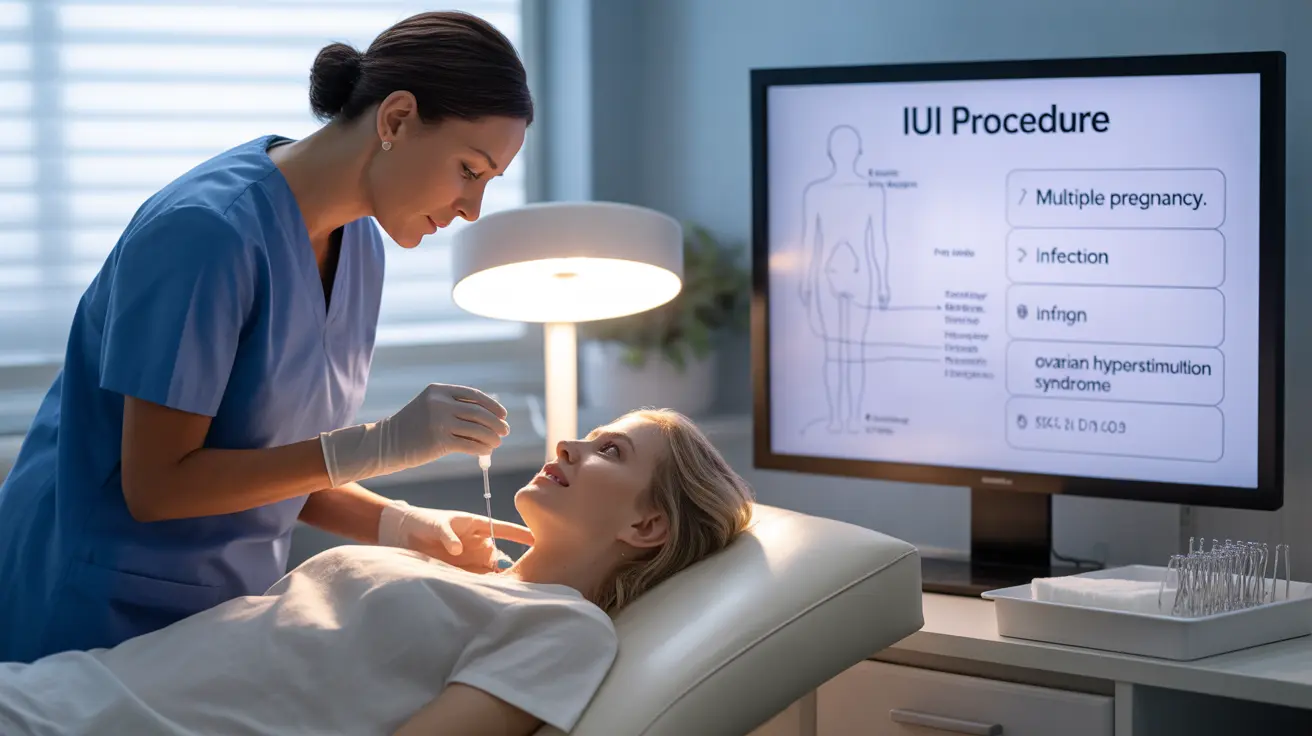 Detailed illustration showing the intrauterine insemination (IUI) procedure in a sterile clinical environment, with labeled diagrams indicating potential risks.