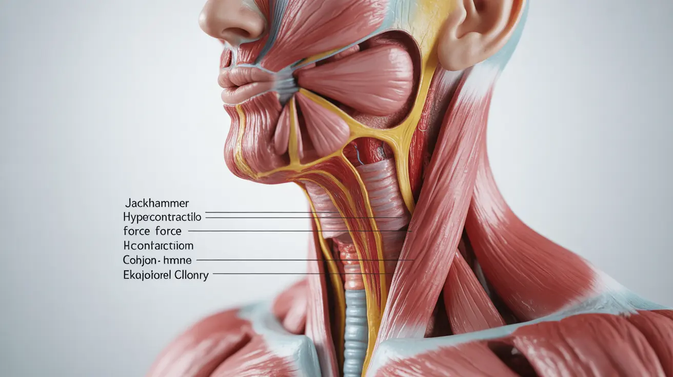 Detailed illustration showing esophagus with hypercontractile muscle movements, resembling jackhammer motion, in a clinical diagram style.