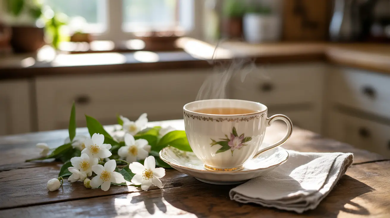 Steaming cup of jasmine tea with fresh jasmine blossoms in a serene kitchen setting, focus on rising steam and flower texture