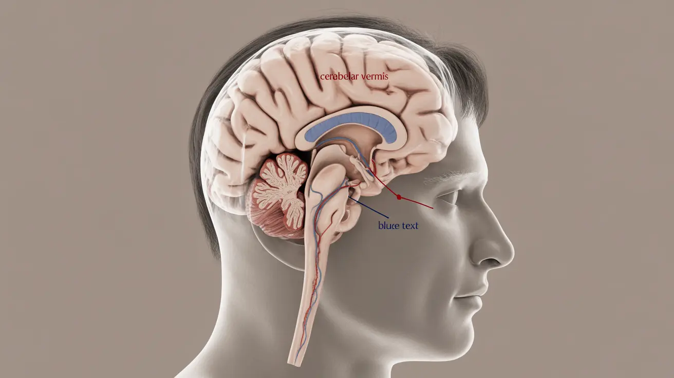 Illustration of brain anatomy showing anomalies in cerebellar vermis and brainstem, with educational labels and clear lighting.