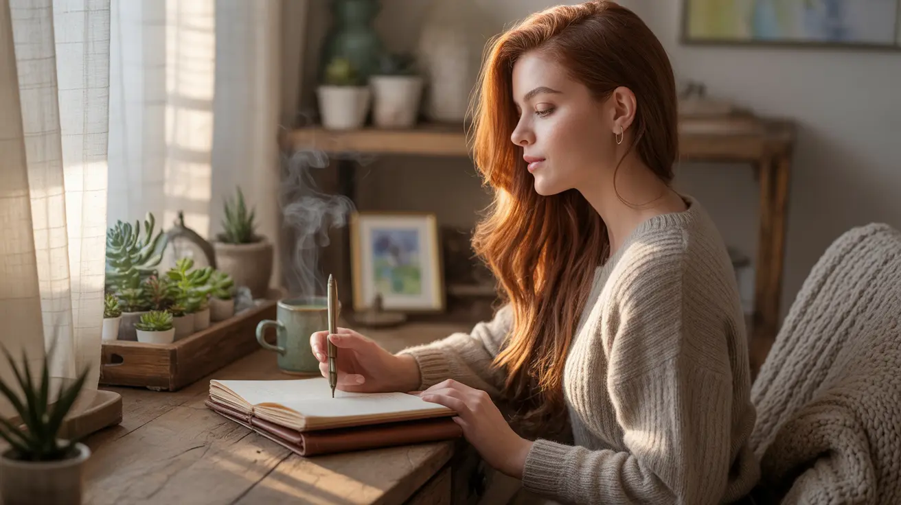 Person journaling and reflecting on emotions in a cozy indoor space filled with natural light, warm atmosphere suggesting calm and resilience.