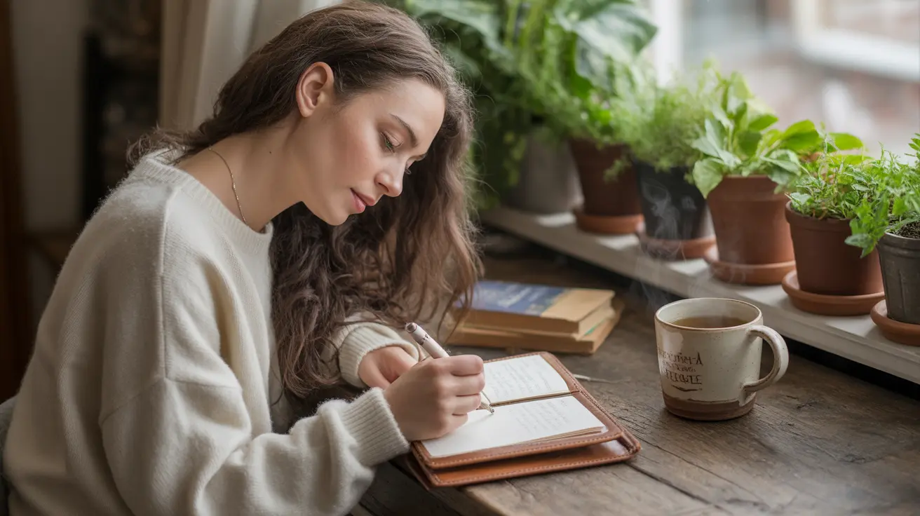 Young adult focused on writing in a journal at a wooden desk in a cozy home office, with warm daylight and plants in the background.