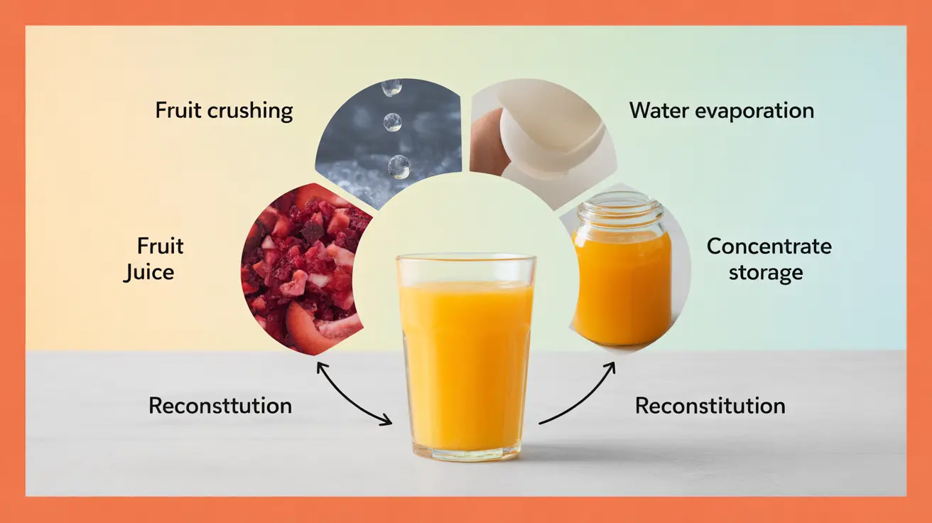 Infographic showing the process of making juice from concentrate, including stages of fruit crushing, water evaporation, and reconstitution with clear labels