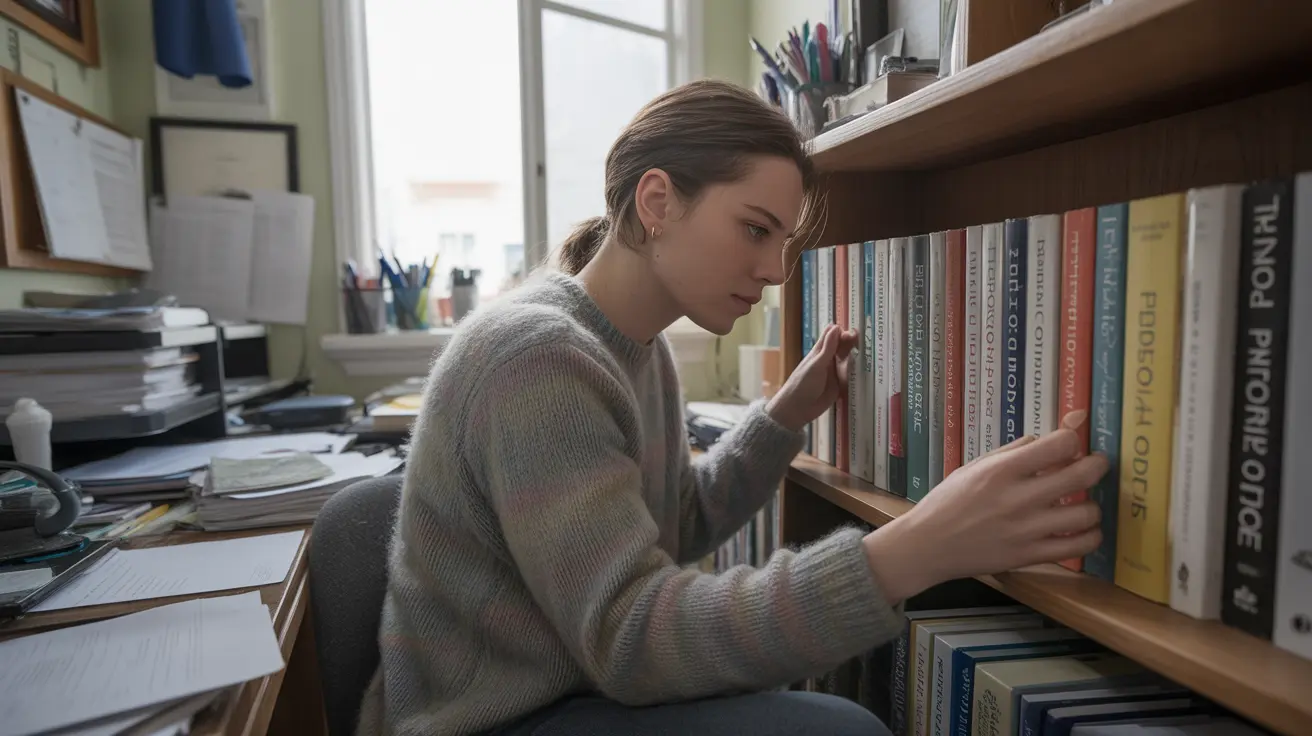 Detailed illustration of a person in a home office adjusting books on a shelf, conveying anxiety and a need for perfection, with natural daylight creating a soft glow.