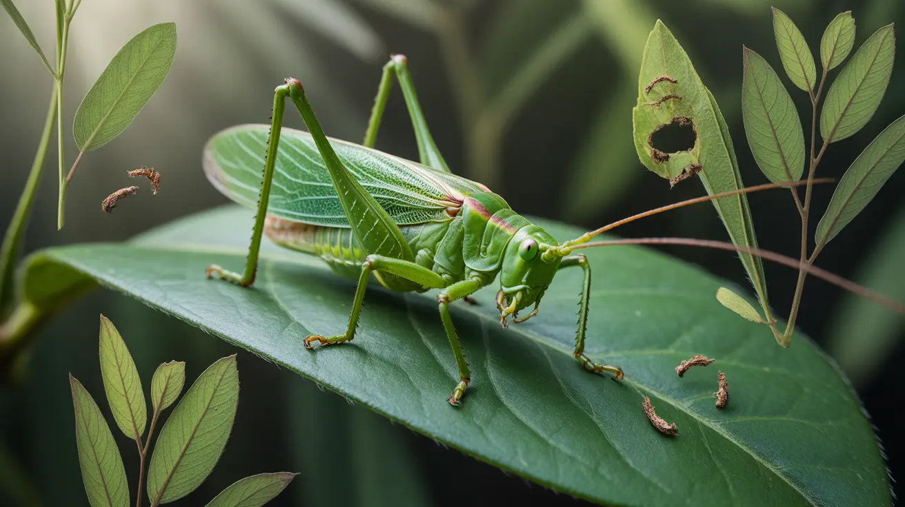 Detailed illustration of a katydid in a vibrant garden setting, showing its mandibles in a biting position against green leaves and flowers.