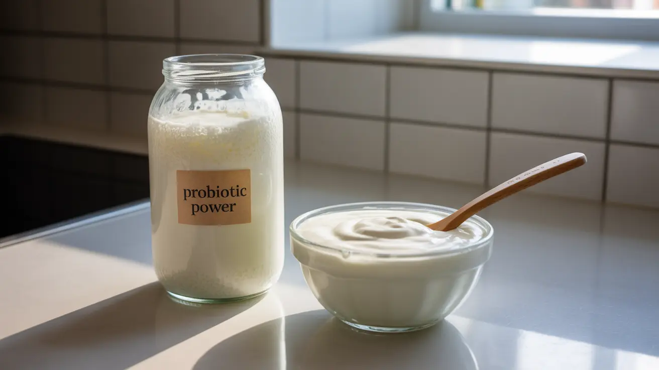 Close-up of kefir in a glass jar and yogurt in a bowl, highlighting texture differences on a kitchen counter.