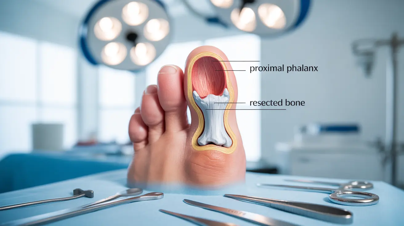 Detailed anatomical illustration showing the big toe joint and the surgical procedure of Keller arthroplasty, highlighting the removal of one-third of the proximal phalanx.