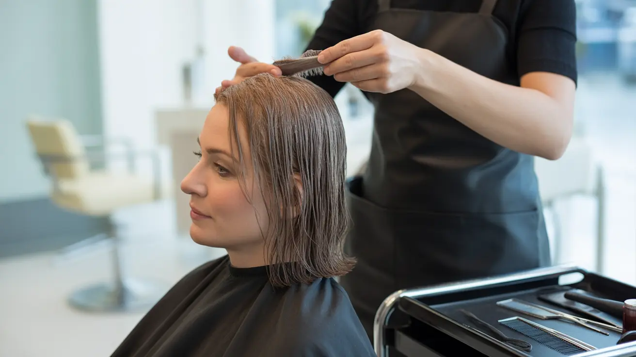 Hair stylist applying keratin treatment to client with thin hair in a bright, professional salon setting