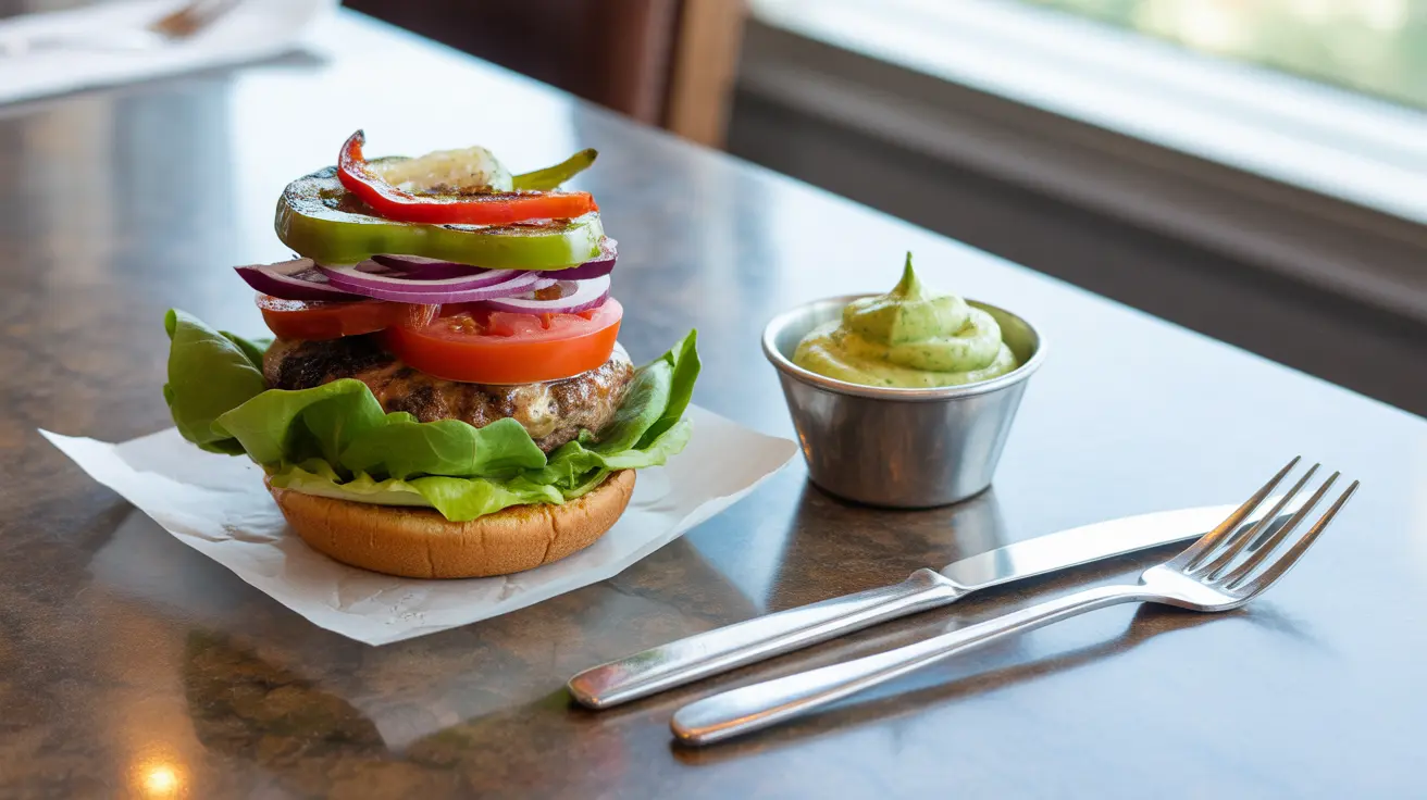 Realistic photograph of a bunless burger with vibrant vegetables on a restaurant table, natural daylight highlighting the fresh ingredients, an inviting and appetizing atmosphere, upscale restaurant setting with elegant tableware.