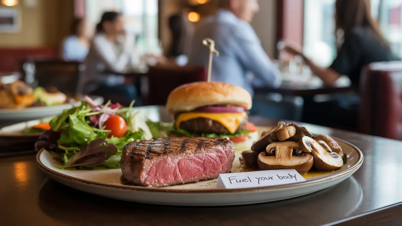 Close-up of keto-friendly dishes like bunless burger, grilled steak, asparagus, mushrooms, side salad in a restaurant