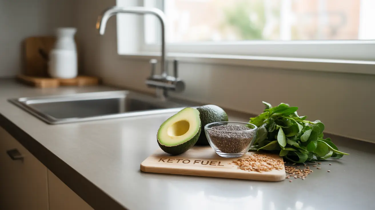 Detailed illustration of a kitchen counter displaying an assortment of keto-friendly, fiber-rich foods including avocados, chia seeds, leafy greens, and flaxseeds under bright natural light.