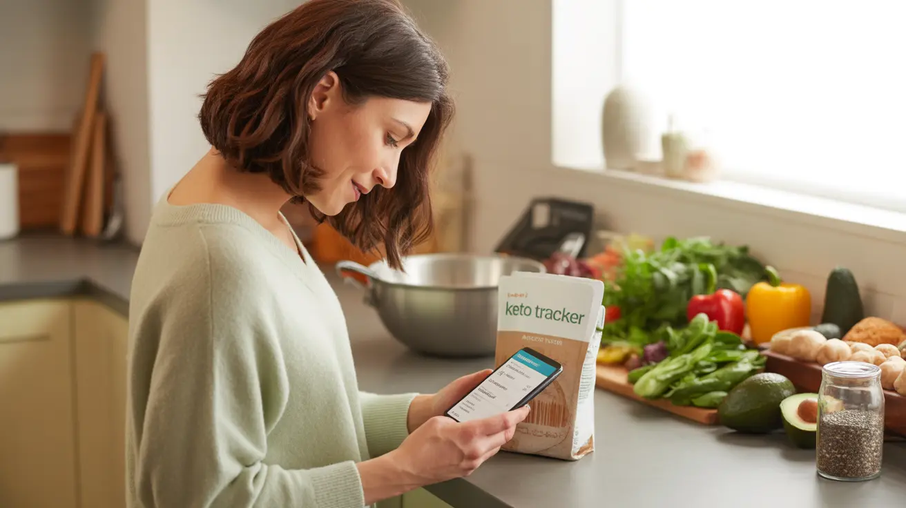 Young adult using a keto tracker app on a smartphone in a modern kitchen with fresh vegetables and healthy food ingredients on the counter