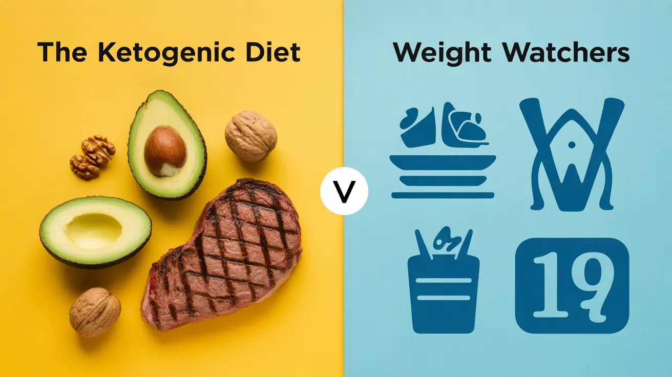 Infographic comparing ketogenic diet and Weight Watchers, featuring two columns with symbols for high-fat foods and portion control