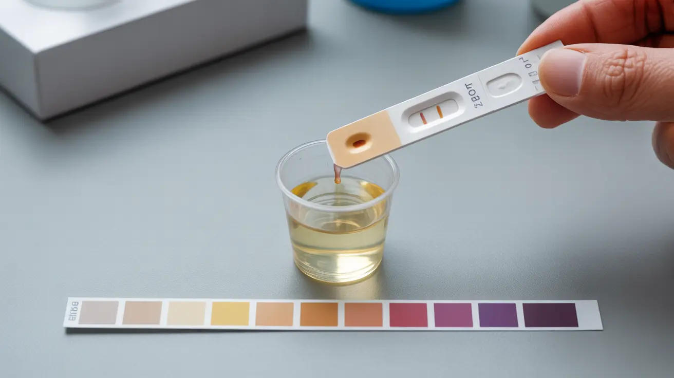 Detailed illustration of a ketone test strip with color change in urine sample and color chart from beige to purple on a lab table