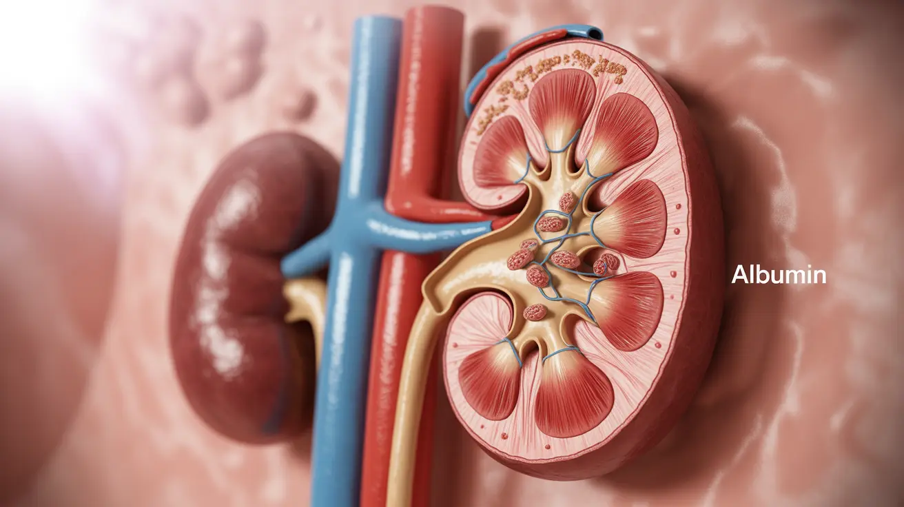 Detailed anatomical illustration showing kidneys with albumin molecules entering urine, labeled kidney structures, educational